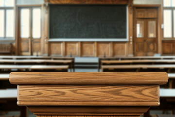 A wooden lectern in the foreground with a blurred background of a university lecture hall. The background includes rows of seating, a large screen or chalkboard. 
