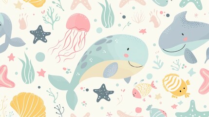 A delightful pattern of pastel cartoon sea creatures, like whales, starfish, and jellyfish, set against a soft, ocean-themed background