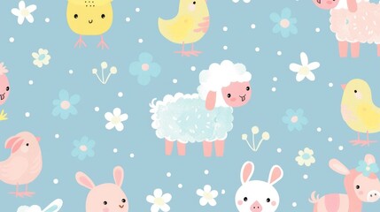 A charming pattern of pastel cartoon baby animals, like lambs, chicks, and piglets, perfect for nursery decor or baby clothing