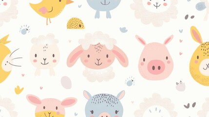 Obraz premium A charming pattern of pastel cartoon baby animals, like lambs, chicks, and piglets, perfect for nursery decor or baby clothing