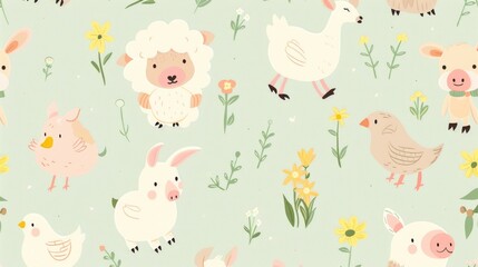 A charming pattern of pastel cartoon baby animals, like lambs, chicks, and piglets, perfect for nursery decor or baby clothing