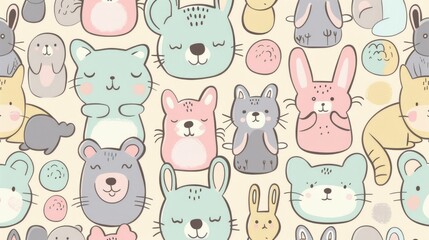 Obraz premium A seamless pattern featuring cute pastel-colored cartoon animals, including bunnies, bears, and kittens, with soft and soothing background tones