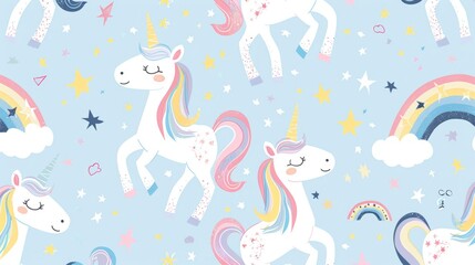 A whimsical fabric pattern with pastel cartoon unicorns, rainbows, and stars, creating a dreamy and enchanting design