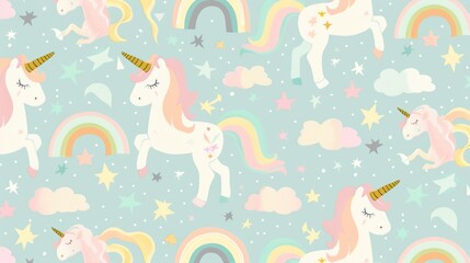 Obraz premium A whimsical fabric pattern with pastel cartoon unicorns, rainbows, and stars, creating a dreamy and enchanting design