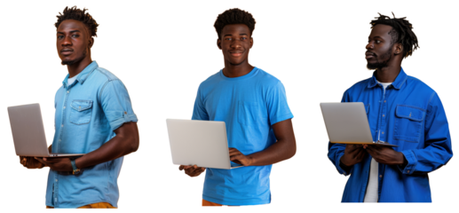 Mockup of a young black student in his 50s wearing a blue shirt holding a laptop computer looking aside in a workspace area isolated on an orange color background.