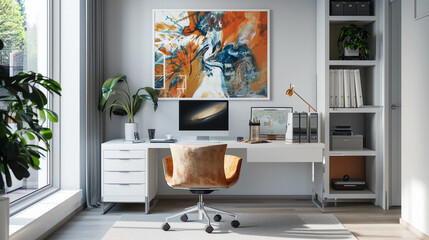 A home office with a sleek white desk