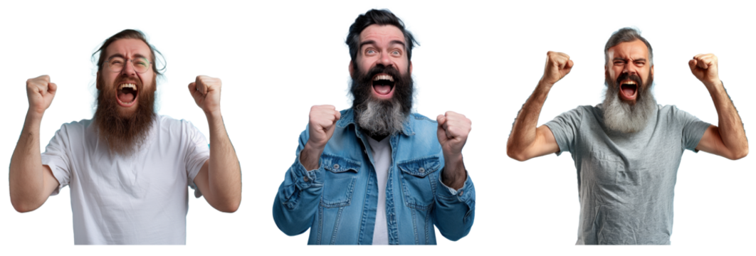 Thrilled bearded man raising fists, screaming, shouting to celebrate his success. Isolated indoor studio shot.