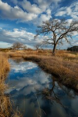 Fototapeta premium Scenic Fantasy Landscape of Texas Prairie with Reflective Pond under Dramatic Sky