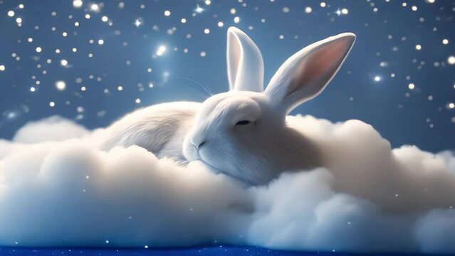 cute rabbit sleeping on cloud at night. Lullaby for babies. video template looping relax and nice dream on night 4k quality