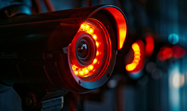 A close-up photograph of a security camera with a glowing red indicator light, capturing a night-time setting.