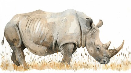 Fototapeta premium Rhino grazing on grassland, complete with a cute,The scene is set against a pure white background