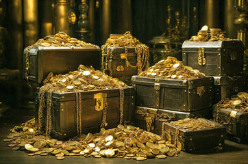 An image of treasure chests and gold coin, bar, chain