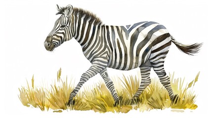 Obraz premium Zebra roaming on the African plains, complete with a cute,The scene is set against a pure white background