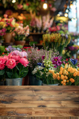 Fototapeta premium A wooden counter in the foreground with a blurred background of a flower shop. The background features various bouquets, potted plants, floral arrangements, and a colorful, fragrant display.