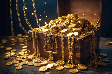 An image of treasure chests and gold coin, bar, chain