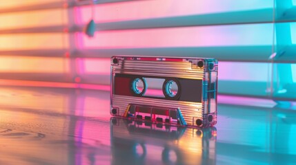 Compact cassette laid on a desk, backdrop with a spectrum of vivid colors that fade into each other
