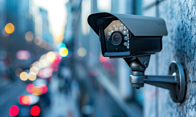 A close-up photograph of a sleek, modern security camera mounted on a wall, with a blurred background of a city street.