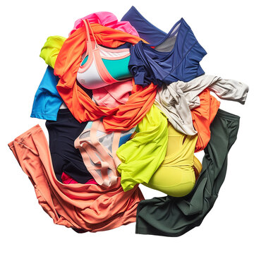 A messy pile of workout clothes including leggings, sports bras, and tank tops in various neon colors, isolated on transparent background