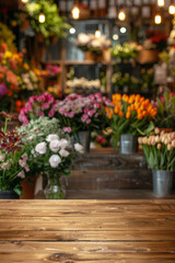 A wooden counter in the foreground with a blurred background of a flower shop. The background features various bouquets, potted plants, floral arrangements, and a colorful, fragrant display.