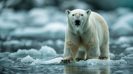 A polar bear stranded on a melting ice floe, symbolizing the plight of vulnerable species in the face of habitat destruction.