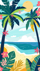 Summer vector background illustration with sea, beach, palm trees. Beautiful landscape for banner, coupon, advertising