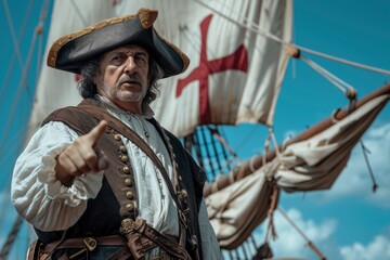 Fototapeta premium Commanding Seafarer Pointing Decisively on a Traditional Sailboat.Generative ai.