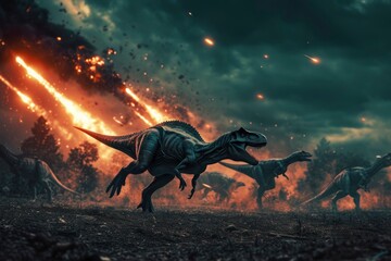 Fototapeta premium Predatory Dinosaurs Running from Fiery Meteorite Fall.Generative ai.