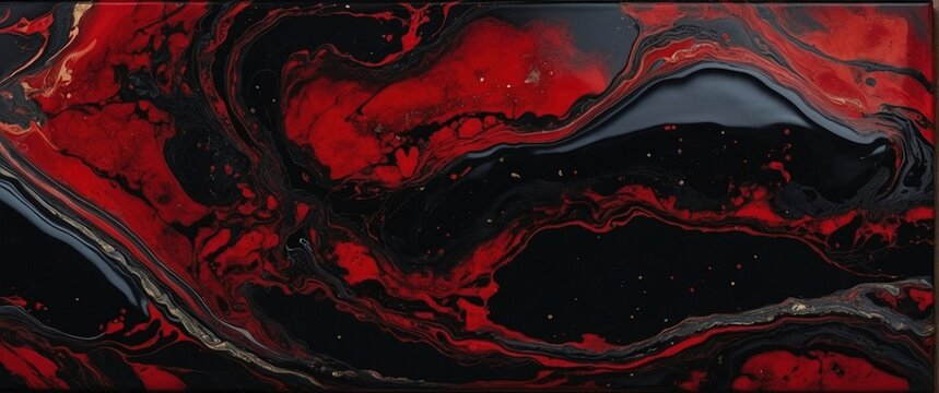 Abstract psychedelic black and red close-up marble texture background. Dark stone with liquid wavy pattern header wallpaper design.