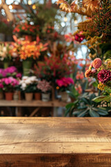 A wooden counter in the foreground with a blurred background of a flower shop. The background features various bouquets, potted plants, floral arrangements, and a colorful, fragrant display.