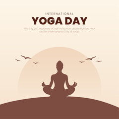21 June- International Yoga Day Post and Greeting Card Design. Modern and Elegant Yoga Day Creative with Woman in Meditation Pose Vector Illustration