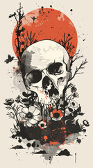Grunge illustration of human skull with flowers, leaves and tree
