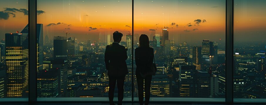 Against the backdrop of a city skyline, a couple sits down with their real estate agent in a sleek office, reviewing brochures and discussing available properties. The image conveys a sense of