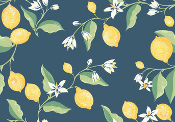 Tropical summer seamless pattern with yellow lemons leaves on branches on a dark turquoise background. Vector hand drawing illustration. Abstract artistic citrus stems repeated printing. Ornament