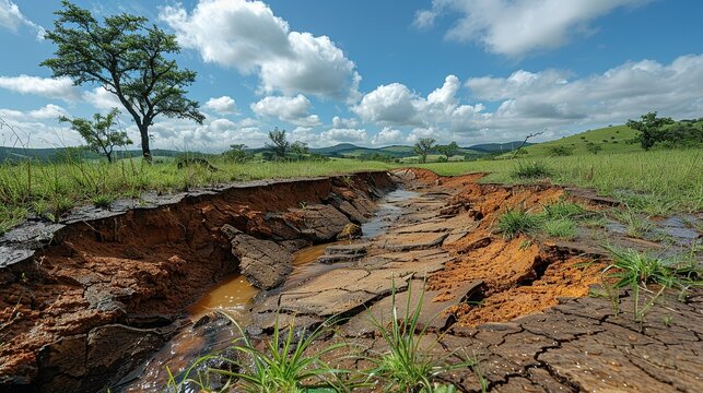 A deforested hillside eroded by rainfall, exemplifying the cascading environmental effects of deforestation on soil erosion and biodiversity loss.