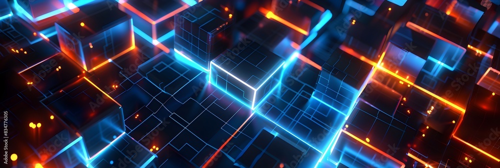 Poster abstract digital blocks in the dark, creating an illuminated 3d geometric pattern with blue and oran