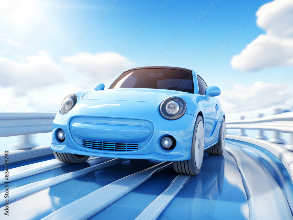 Poster a blue car speeding on a futuristic highway under a sunny sky, concept of speed and innovation. gene
