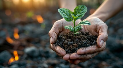 A pair of hands holding a seedling against a backdrop of scorched earth, symbolizing hope for reforestation efforts in degraded landscapes.