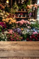 A wooden counter in the foreground with a blurred background of a flower shop. The background features various bouquets, potted plants, floral arrangements, and a colorful, fragrant display.