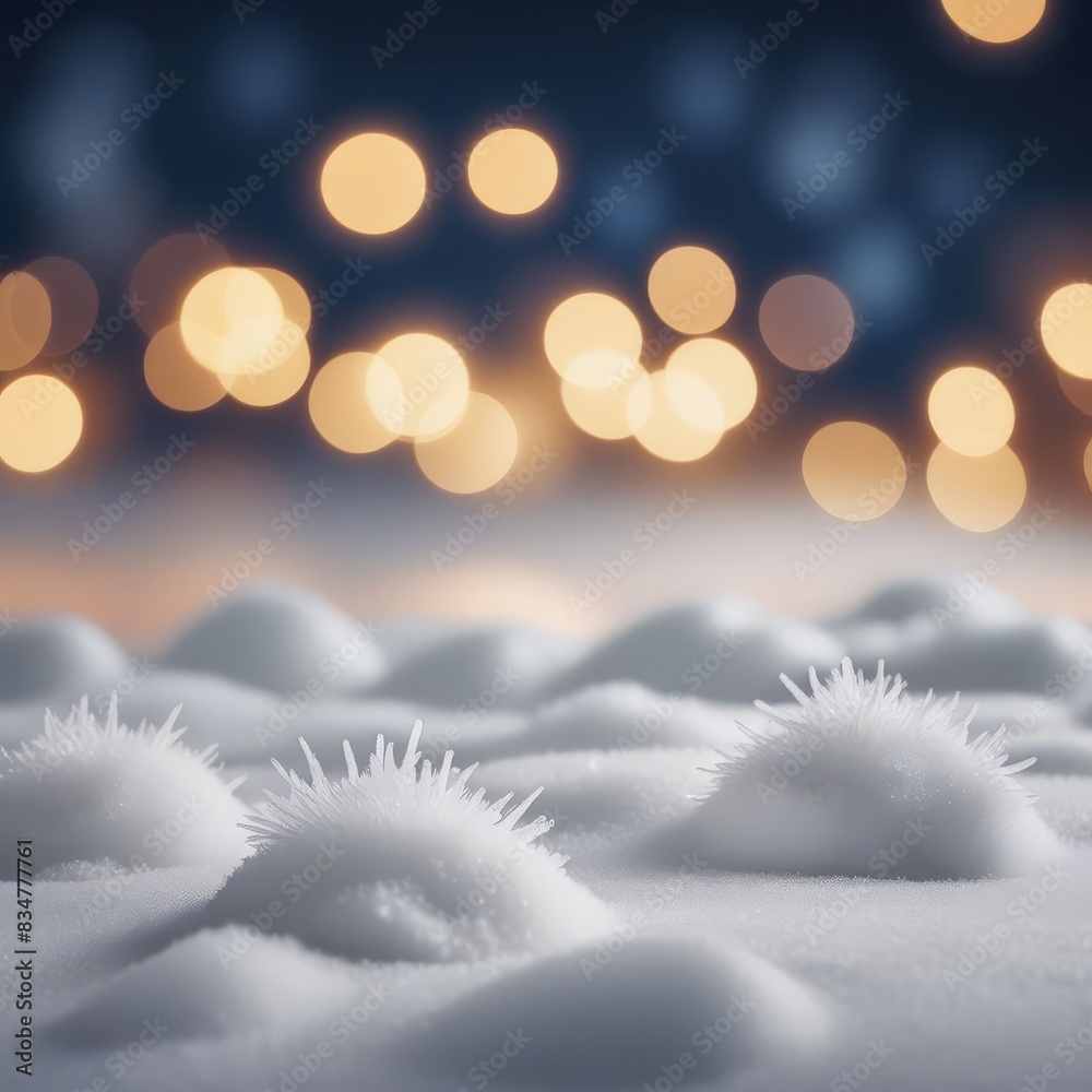 Wall mural Pine tree with snow on it and light in the background. Snowy ground with snowy trees and lanterns on it. Generated by AI