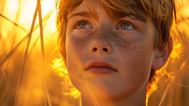 A boy with freckles, catching the last rays of sunset. Warm evening light, beauty of freckled skin