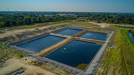 An aerial view of a landfill site undergoing methane capture and conversion to renewable energy, showcasing waste-to-energy technologies.