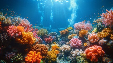 An underwater scene teeming with colorful coral reefs and marine life, celebrating the beauty and biodiversity of healthy ocean ecosystems.