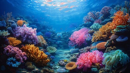 Naklejka premium An underwater scene teeming with colorful coral reefs and marine life, celebrating the beauty and biodiversity of healthy ocean ecosystems.