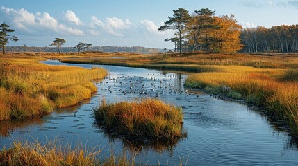 A coastal wetland habitat teeming with migratory birds, highlighting the ecological significance of coastal ecosystems as biodiversity hotspots.