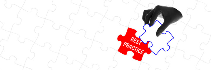 Human hand connecting puzzles to create well-organized professional strategy and working community. Conceptual design. Art collage. Concept of business, best practice, benchmarking. Banner