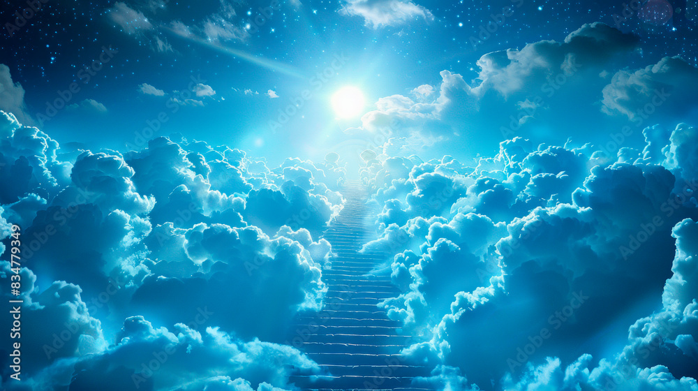 Poster a stairway to heaven surrounded by clouds with sunlight peeking through, against a starry sky, symbo