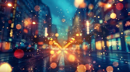 Silent Night in the Urban Jungle: Surreal Illustration of a Deserted Intersection at Dawn with Bokeh Storefronts and Starry Skies