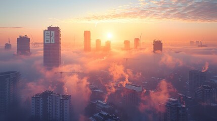 Fototapeta premium A city skyline obscured by smog, illustrating the pervasive threat of pollution to urban environments and public health.
