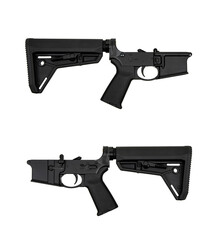 AR15 lower receiver iand buffer spring. Bottom half of a modern assault rifle. Isolate on white...