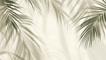 Blurred shadow from palm leaves on light cream wall. Minimalistic beautiful summer spring background for product presentation.
